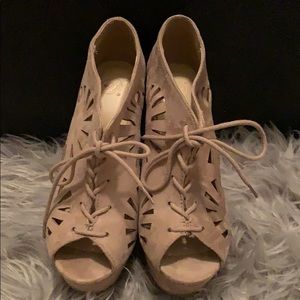 Tan lace up open toe wedges